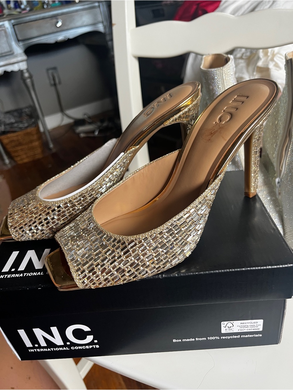 INC International Concepts Gold Glitter Open-Toe High Heel Mules